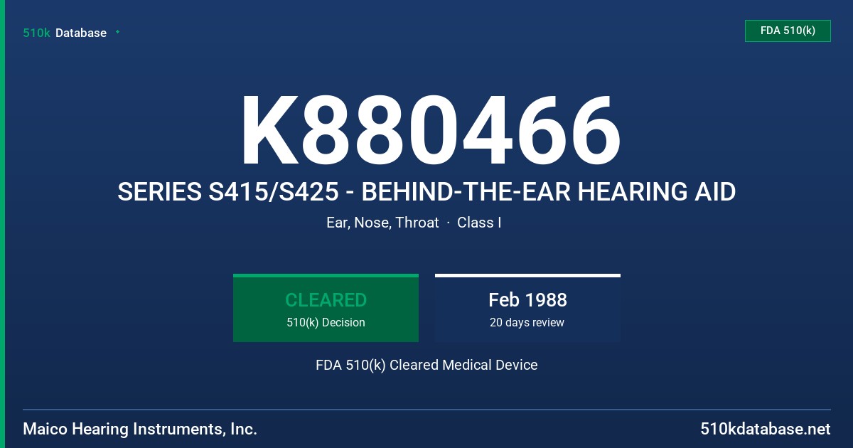 K880466 SERIES S415/S425 - BEHIND-THE-EAR HEARING AID FDA 510(k) Cleared Medical Device