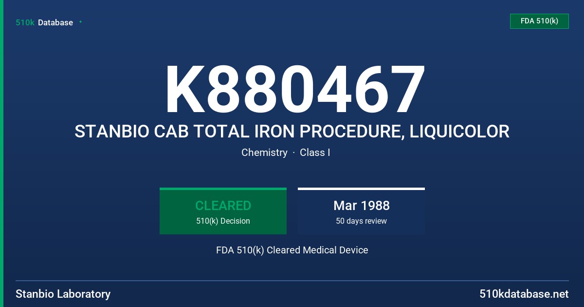 K880467 STANBIO CAB TOTAL IRON PROCEDURE, LIQUICOLOR FDA 510(k) Cleared Medical Device