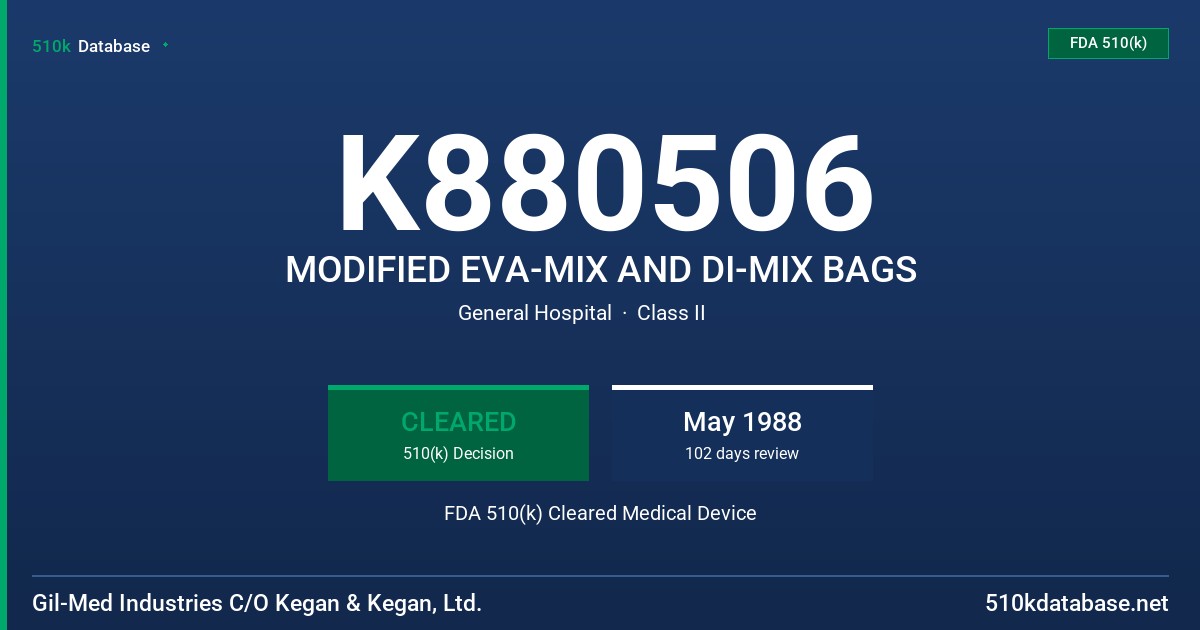 K880506 MODIFIED EVA-MIX AND DI-MIX BAGS FDA 510(k) Cleared Medical Device