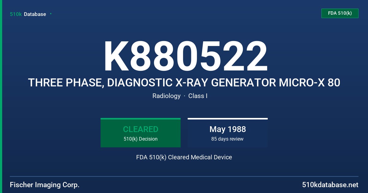 K880522 THREE PHASE, DIAGNOSTIC X-RAY GENERATOR MICRO-X 80 FDA 510(k) Cleared Medical Device