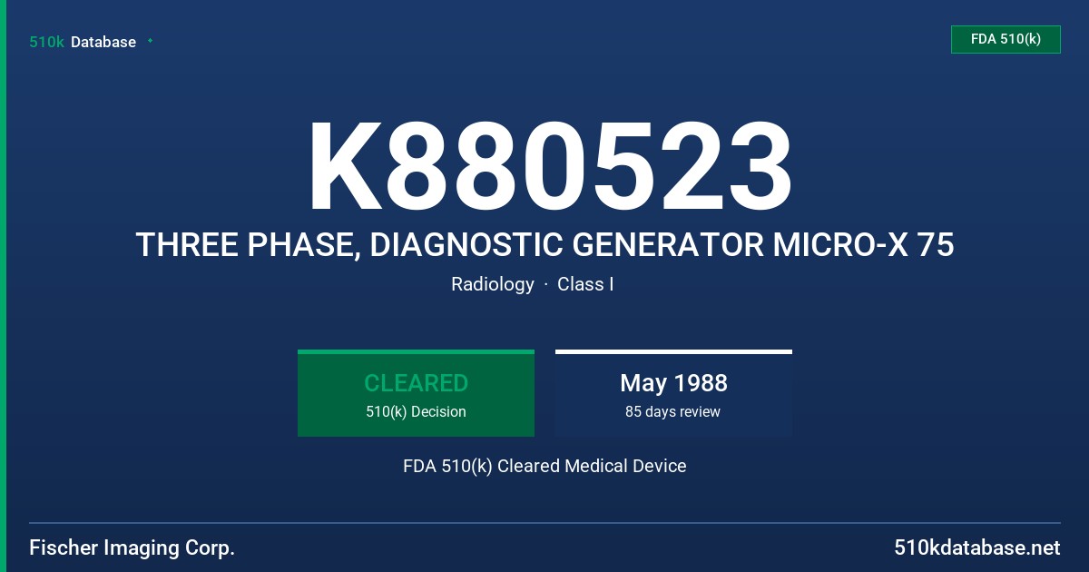 K880523 THREE PHASE, DIAGNOSTIC GENERATOR MICRO-X 75 FDA 510(k) Cleared Medical Device