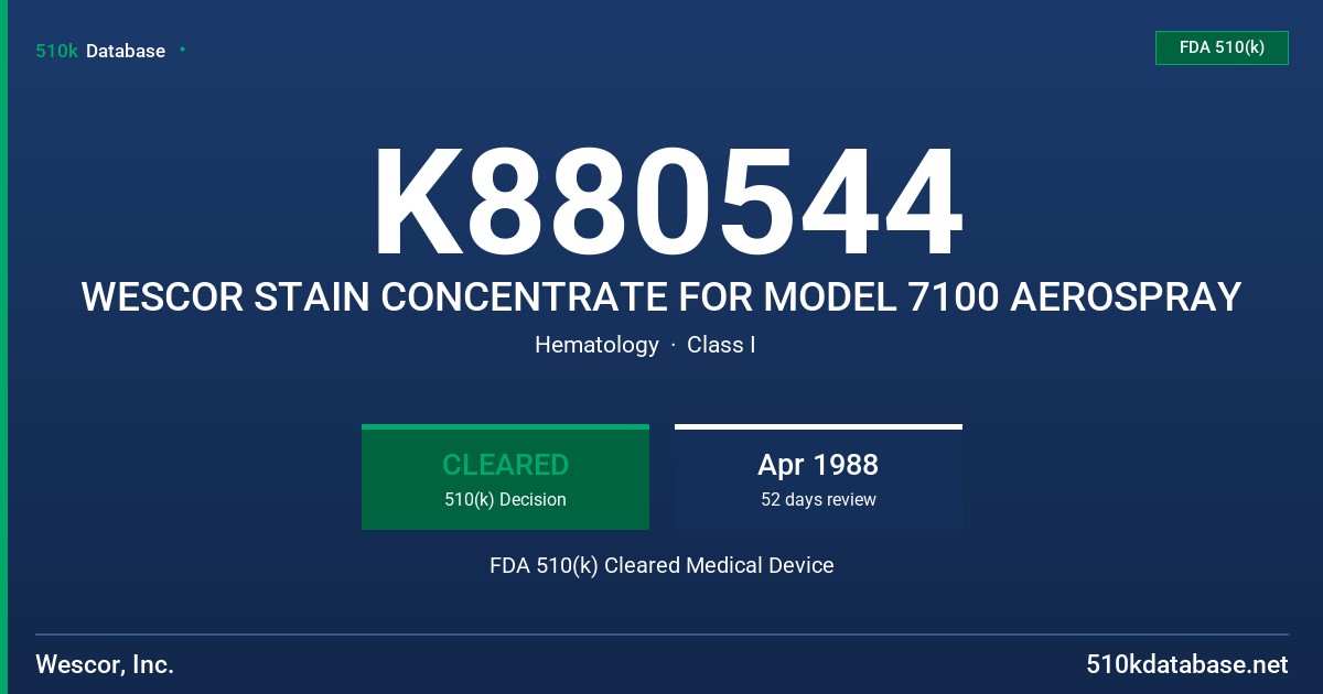 K880544 WESCOR STAIN CONCENTRATE FOR MODEL 7100 AEROSPRAY FDA 510(k) Cleared Medical Device