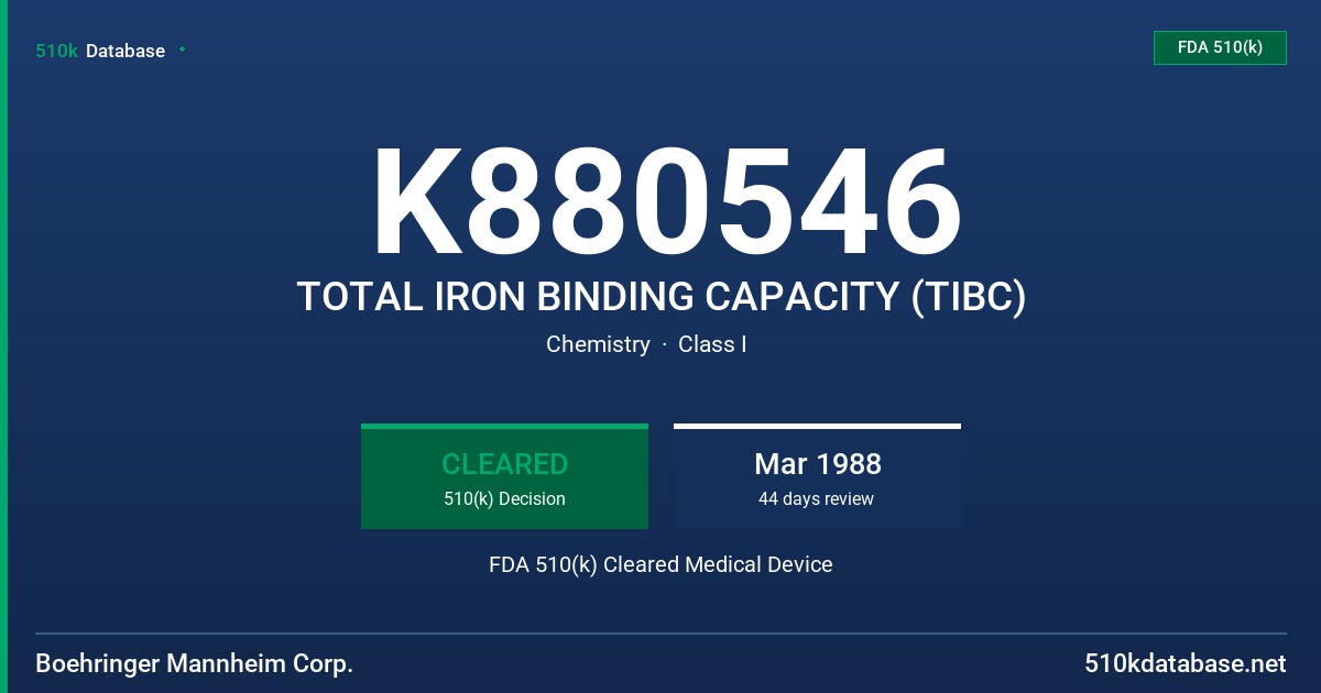 K880546 TOTAL IRON BINDING CAPACITY (TIBC) FDA 510(k) Cleared Medical Device