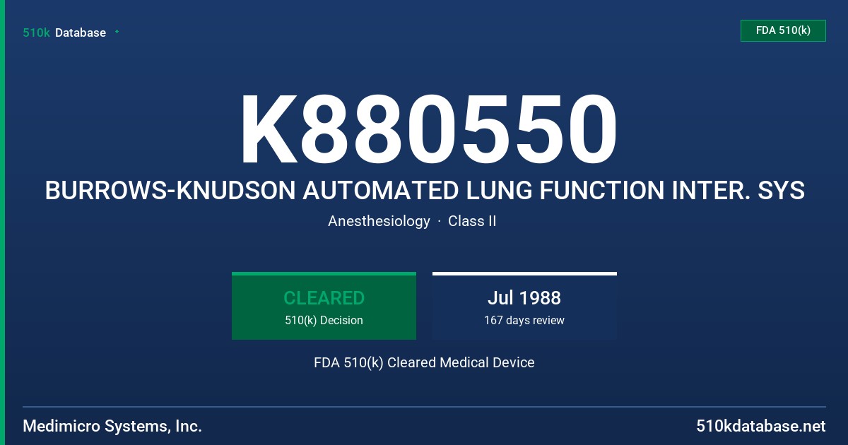 K880550 BURROWS-KNUDSON AUTOMATED LUNG FUNCTION INTER. SYS FDA 510(k) Cleared Medical Device