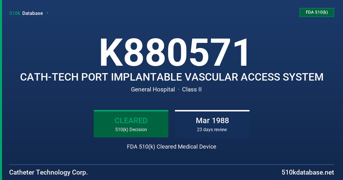 K880571 CATH-TECH PORT IMPLANTABLE VASCULAR ACCESS SYSTEM FDA 510(k) Cleared Medical Device