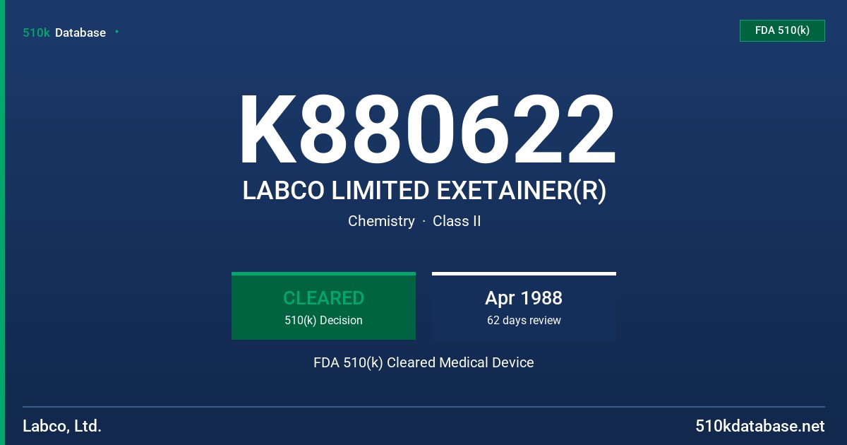 K880622 LABCO LIMITED EXETAINER(R) FDA 510(k) Cleared Medical Device