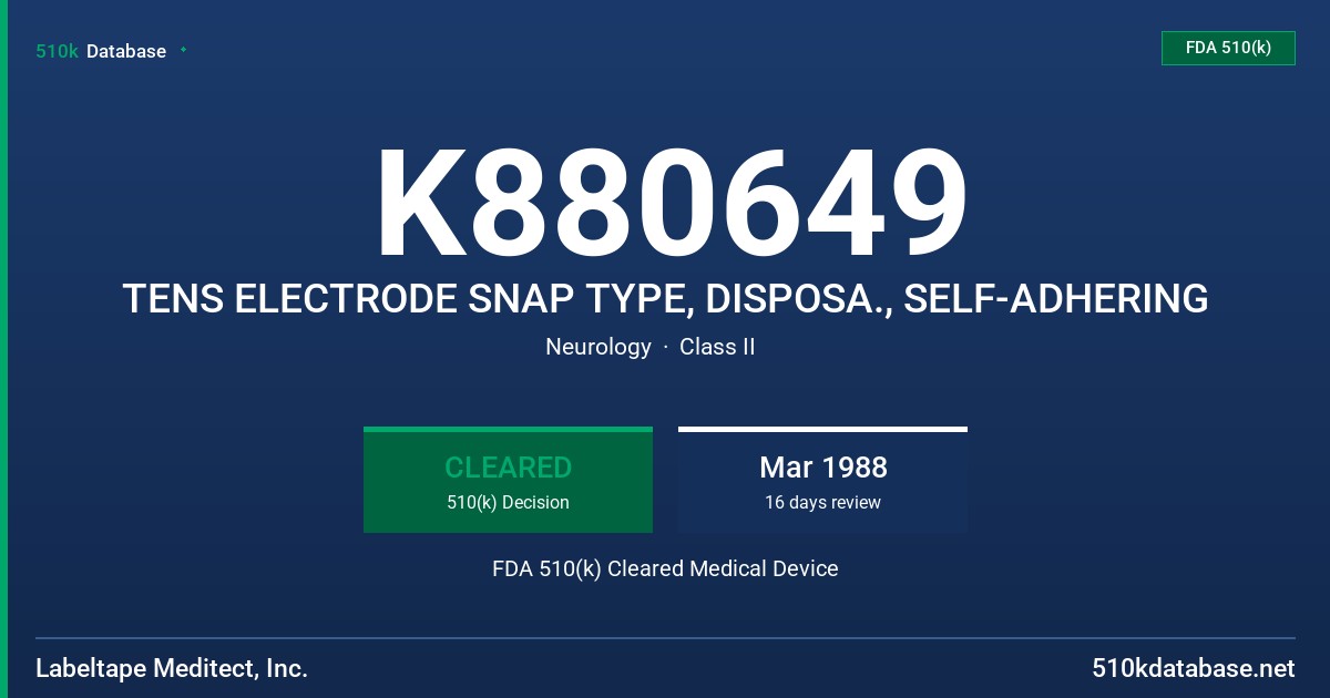 K880649 TENS ELECTRODE SNAP TYPE, DISPOSA., SELF-ADHERING FDA 510(k) Cleared Medical Device