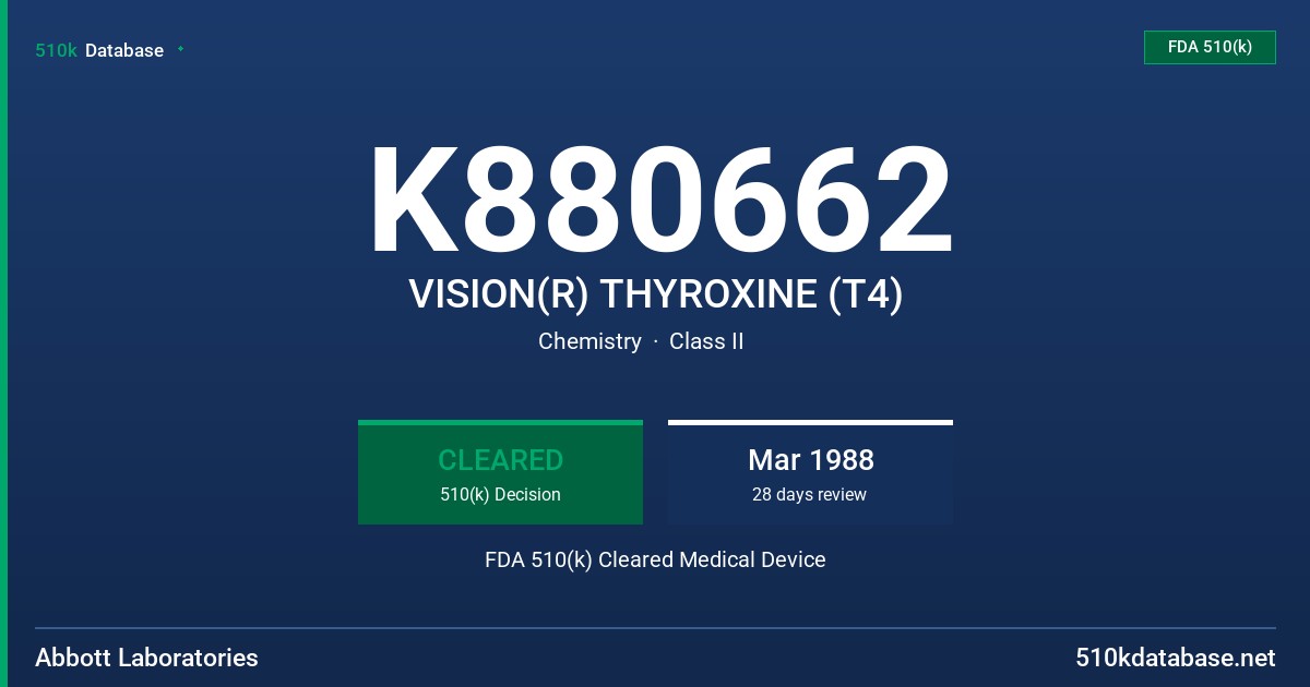 K880662 VISION(R) THYROXINE (T4) FDA 510(k) Cleared Medical Device