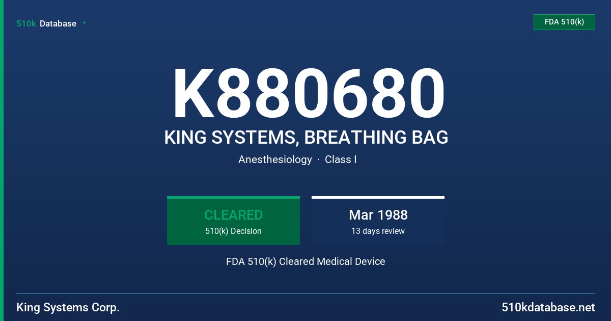 K880680 KING SYSTEMS, BREATHING BAG FDA 510(k) Cleared Medical Device