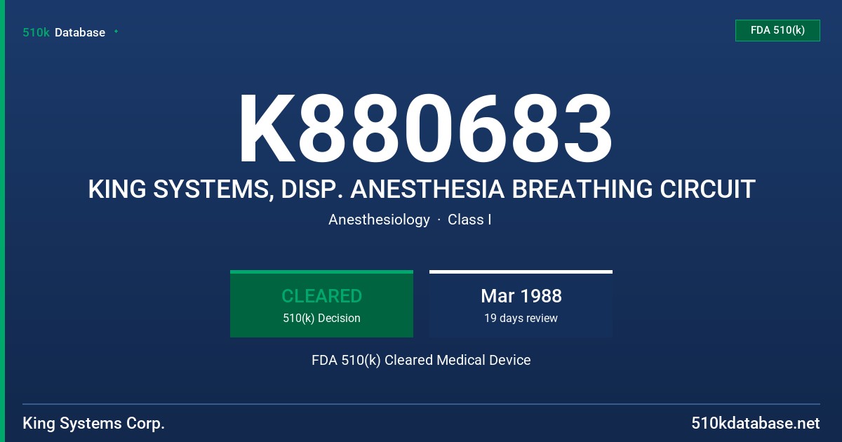 K880683 KING SYSTEMS, DISP. ANESTHESIA BREATHING CIRCUIT FDA 510(k) Cleared Medical Device