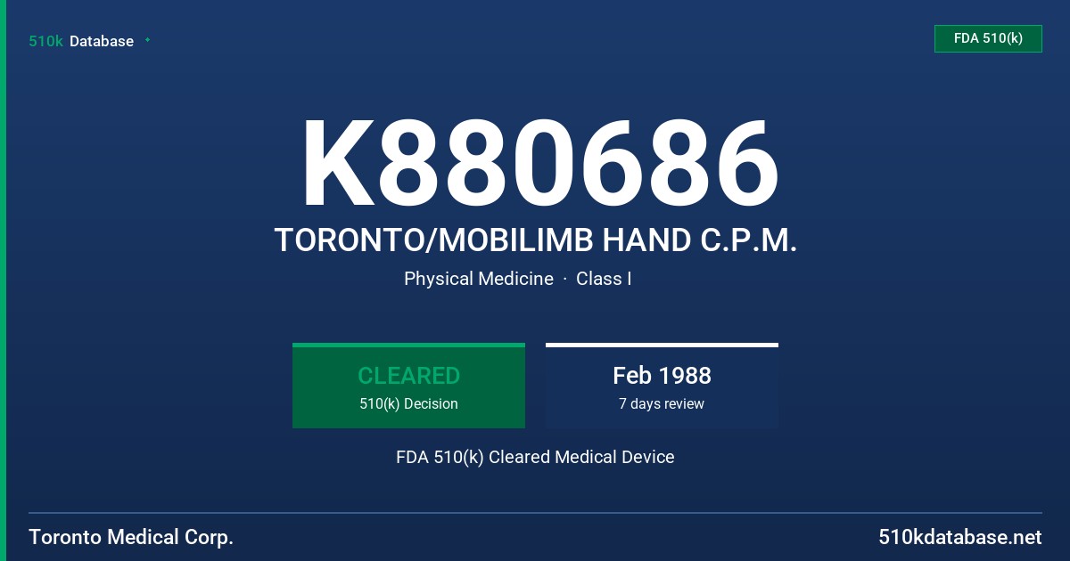 K880686 TORONTO/MOBILIMB HAND C.P.M. FDA 510(k) Cleared Medical Device
