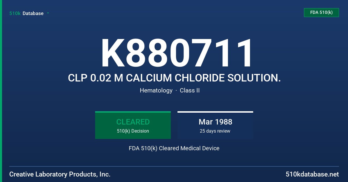K880711 CLP 0.02 M CALCIUM CHLORIDE SOLUTION. FDA 510(k) Cleared Medical Device
