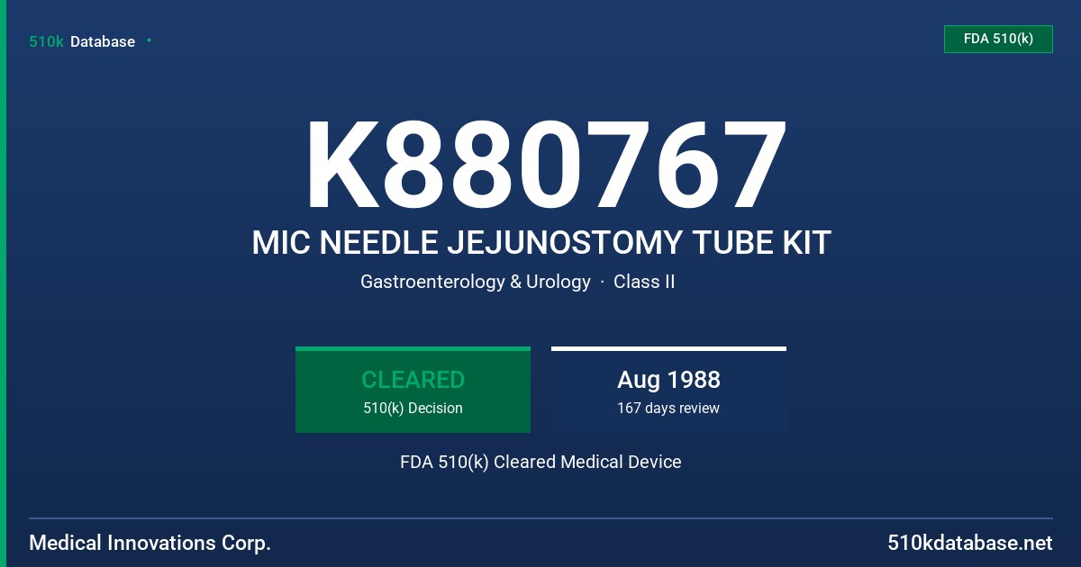 K880767 MIC NEEDLE JEJUNOSTOMY TUBE KIT FDA 510(k) Cleared Medical Device