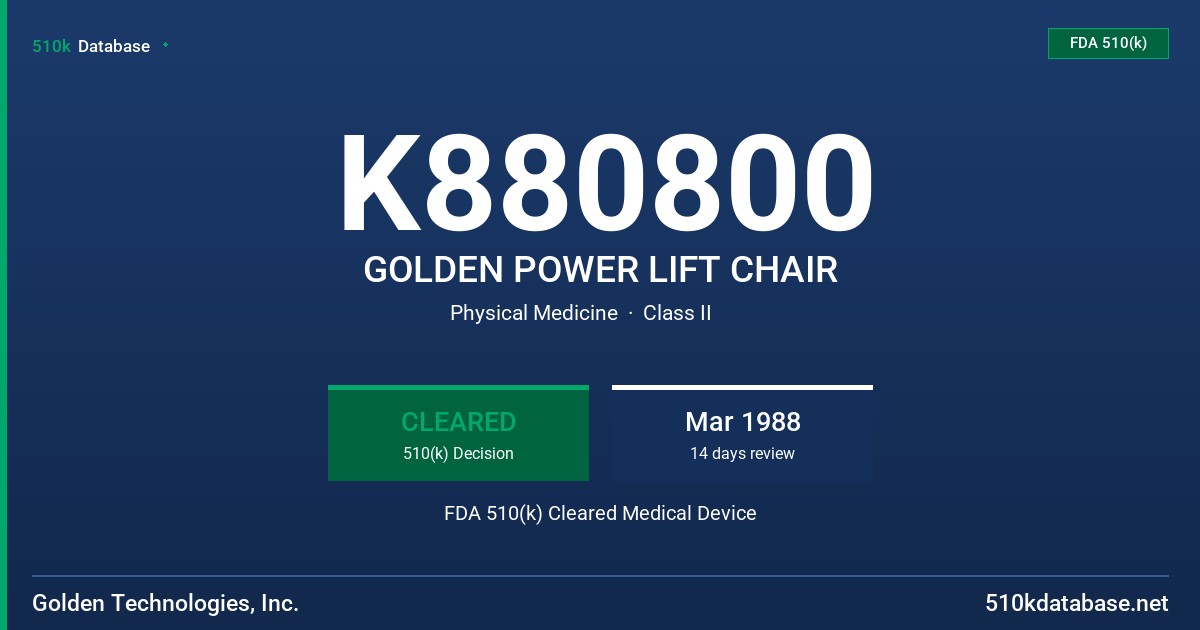 K880800 GOLDEN POWER LIFT CHAIR FDA 510(k) Cleared Medical Device