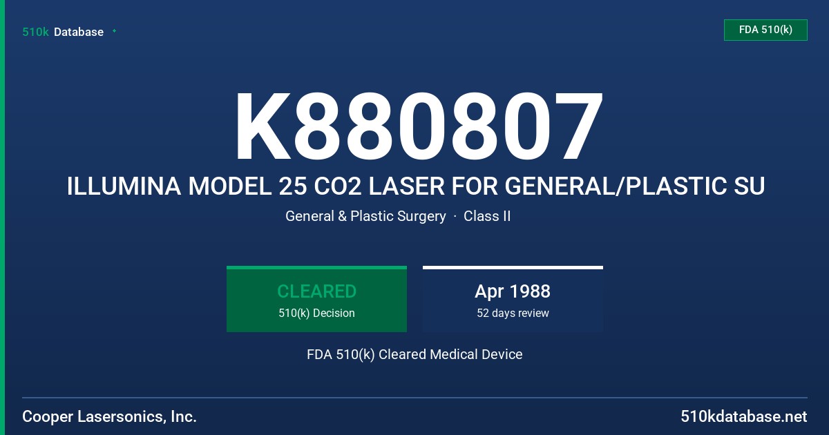 K880807 ILLUMINA MODEL 25 CO2 LASER FOR GENERAL/PLASTIC SU FDA 510(k) Cleared Medical Device