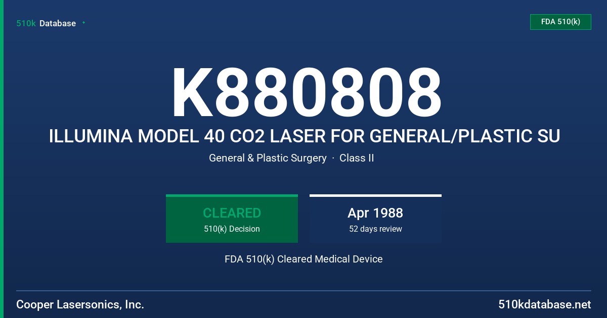 K880808 ILLUMINA MODEL 40 CO2 LASER FOR GENERAL/PLASTIC SU FDA 510(k) Cleared Medical Device