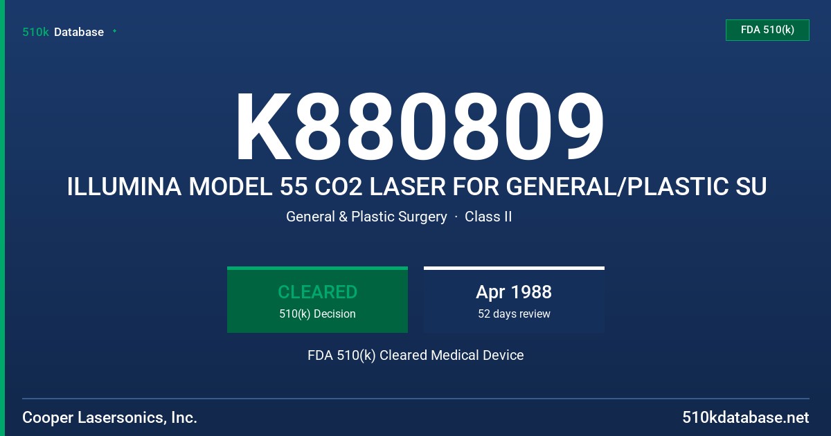K880809 ILLUMINA MODEL 55 CO2 LASER FOR GENERAL/PLASTIC SU FDA 510(k) Cleared Medical Device