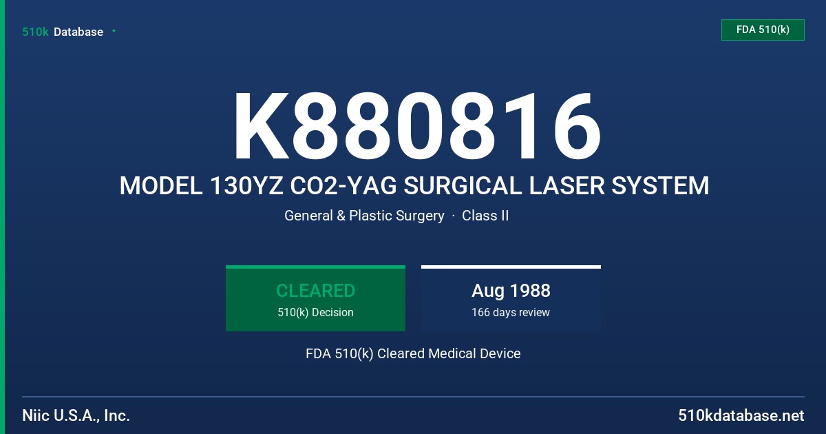 K880816 MODEL 130YZ CO2-YAG SURGICAL LASER SYSTEM FDA 510(k) Cleared Medical Device
