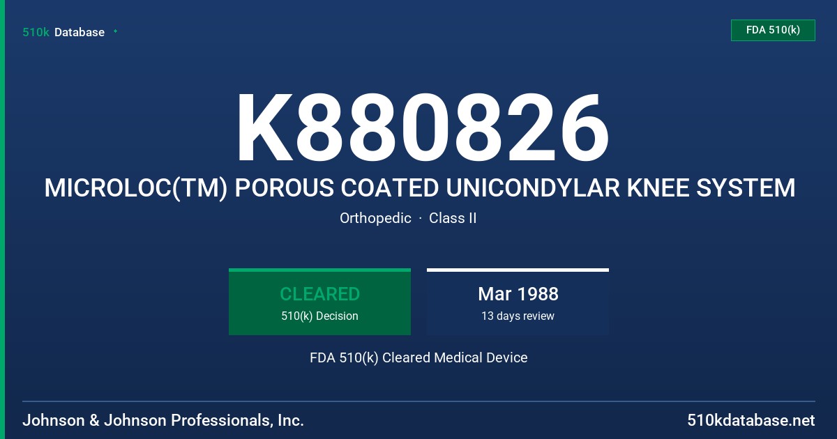K880826 MICROLOC(TM) POROUS COATED UNICONDYLAR KNEE SYSTEM FDA 510(k) Cleared Medical Device