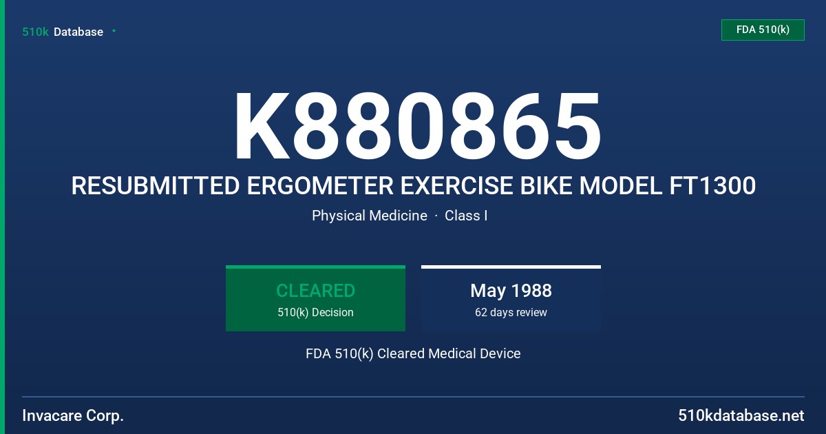 K880865 RESUBMITTED ERGOMETER EXERCISE BIKE MODEL FT1300 FDA 510(k) Cleared Medical Device