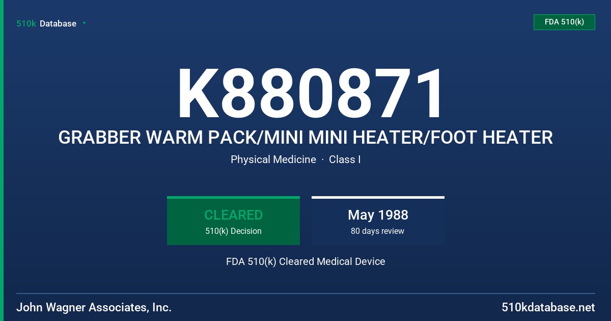 K880871 GRABBER WARM PACK/MINI MINI HEATER/FOOT HEATER FDA 510(k) Cleared Medical Device
