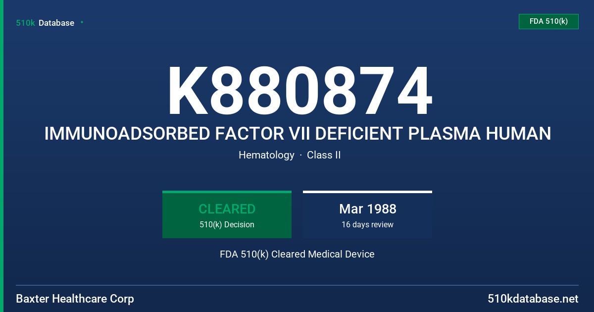 K880874 IMMUNOADSORBED FACTOR VII DEFICIENT PLASMA HUMAN FDA 510(k) Cleared Medical Device