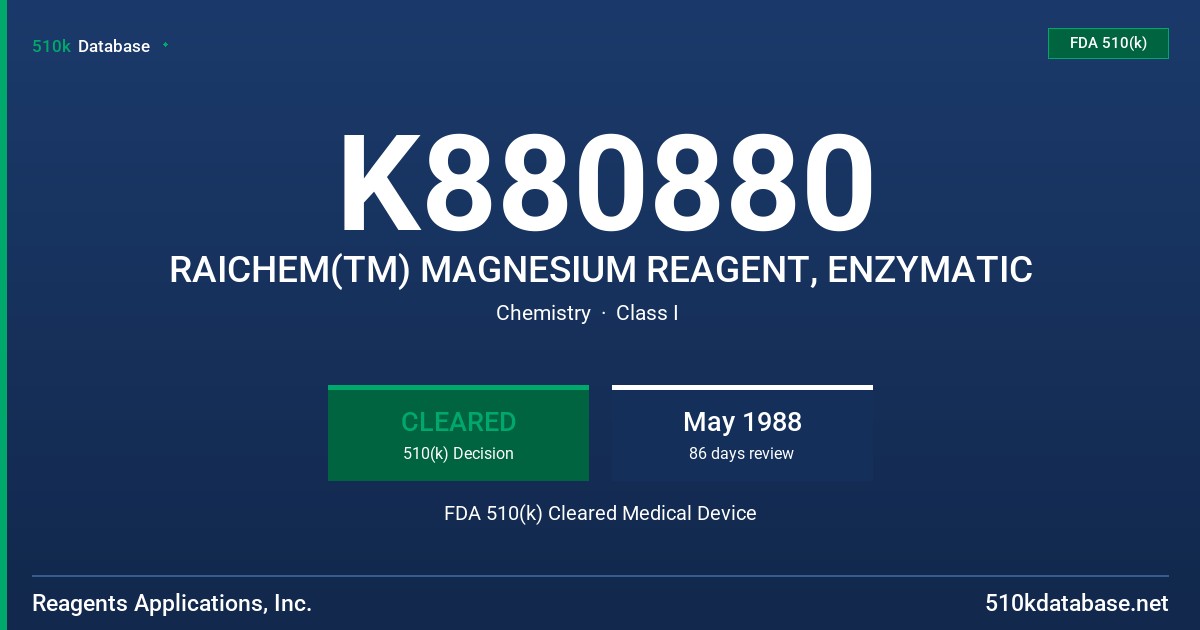 K880880 RAICHEM(TM) MAGNESIUM REAGENT, ENZYMATIC FDA 510(k) Cleared Medical Device