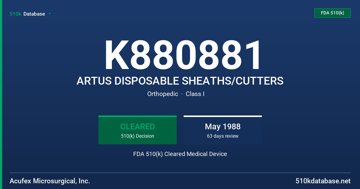 K880881 ARTUS DISPOSABLE SHEATHS/CUTTERS FDA 510(k) Cleared Medical Device