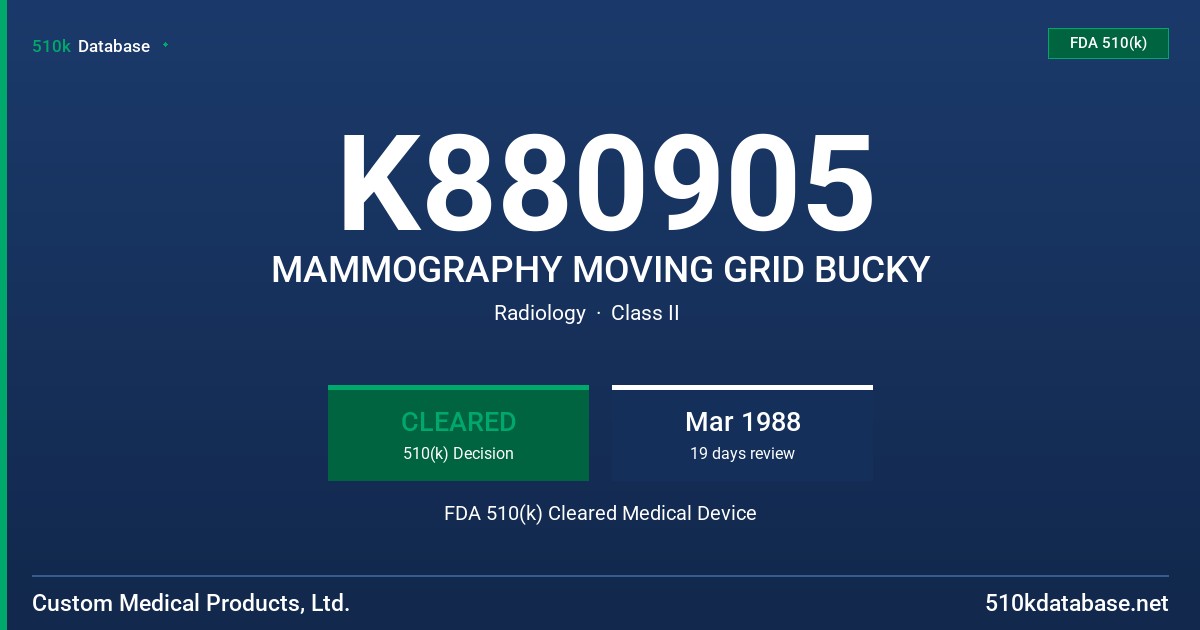 K880905 MAMMOGRAPHY MOVING GRID BUCKY FDA 510(k) Cleared Medical Device