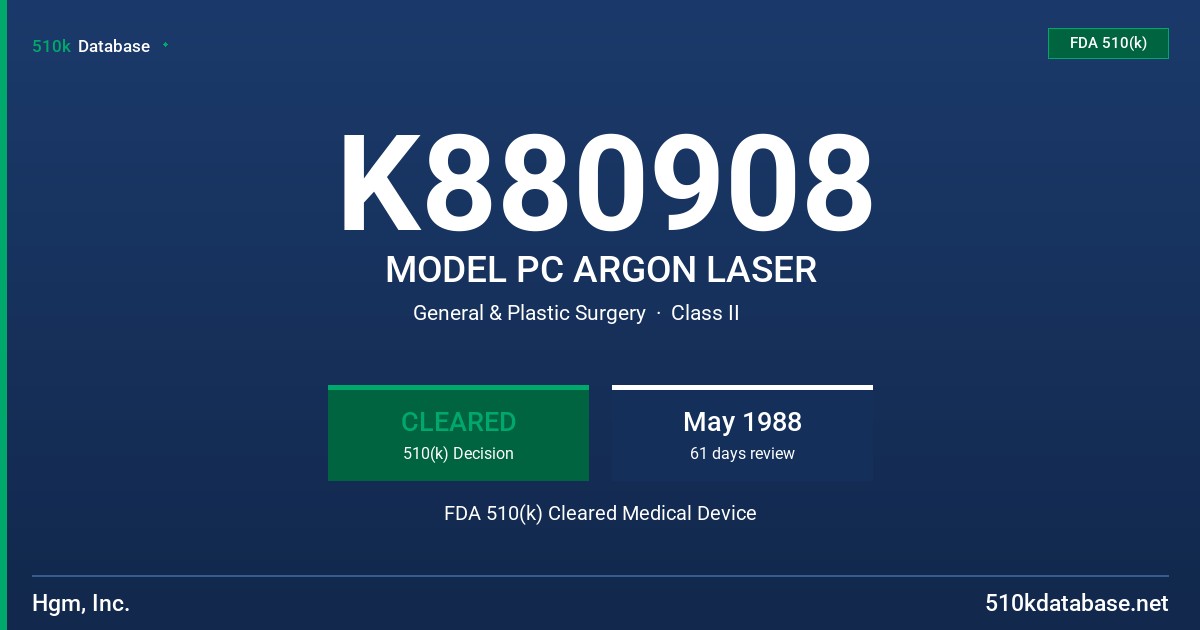 K880908 MODEL PC ARGON LASER FDA 510(k) Cleared Medical Device