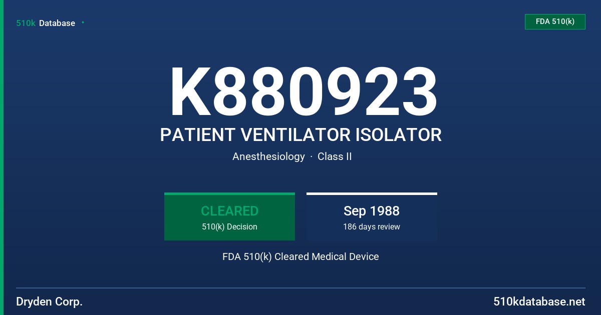 K880923 PATIENT VENTILATOR ISOLATOR FDA 510(k) Cleared Medical Device