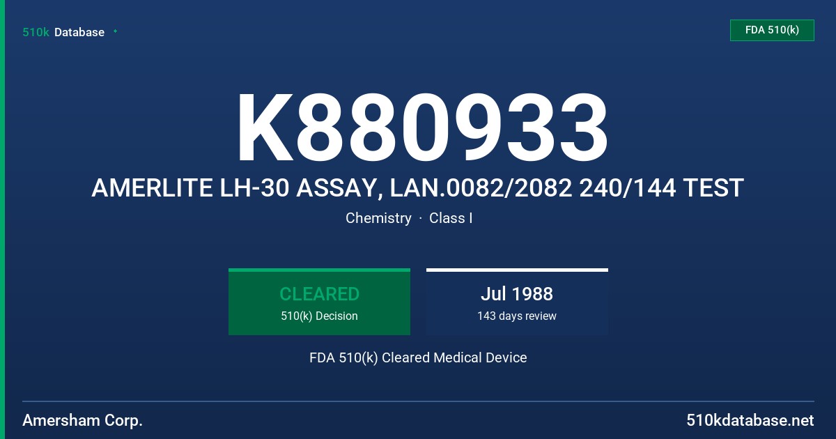 K880933 AMERLITE LH-30 ASSAY, LAN.0082/2082 240/144 TEST FDA 510(k) Cleared Medical Device