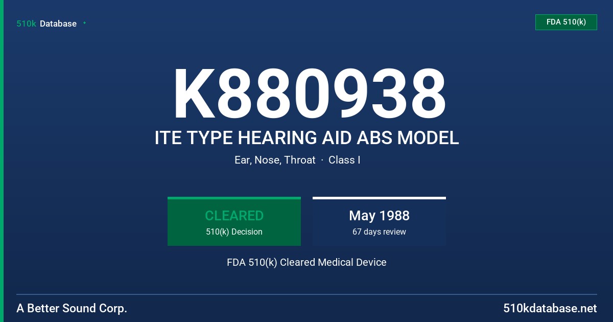 K880938 ITE TYPE HEARING AID ABS MODEL FDA 510(k) Cleared Medical Device