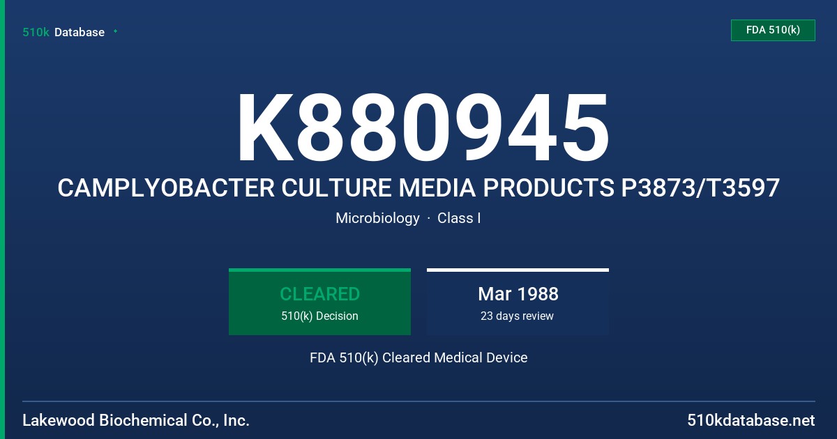 K880945 CAMPLYOBACTER CULTURE MEDIA PRODUCTS P3873/T3597 FDA 510(k) Cleared Medical Device