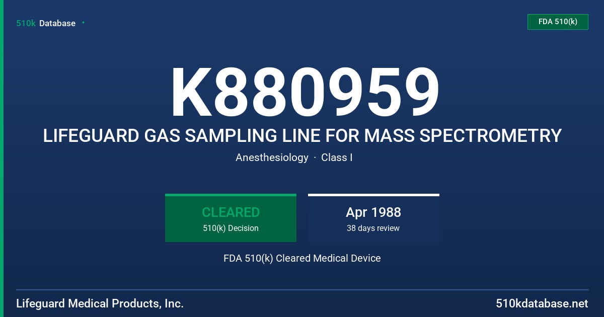 K880959 LIFEGUARD GAS SAMPLING LINE FOR MASS SPECTROMETRY FDA 510(k) Cleared Medical Device