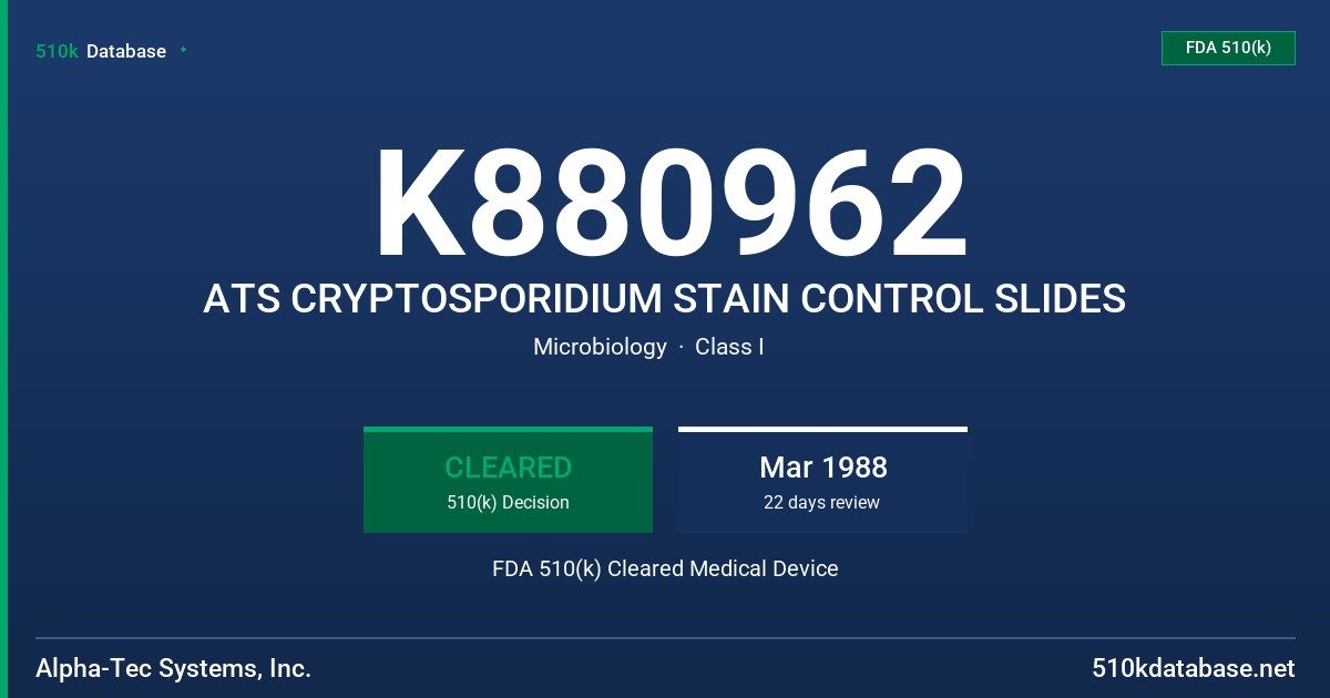 K880962 ATS CRYPTOSPORIDIUM STAIN CONTROL SLIDES FDA 510(k) Cleared Medical Device
