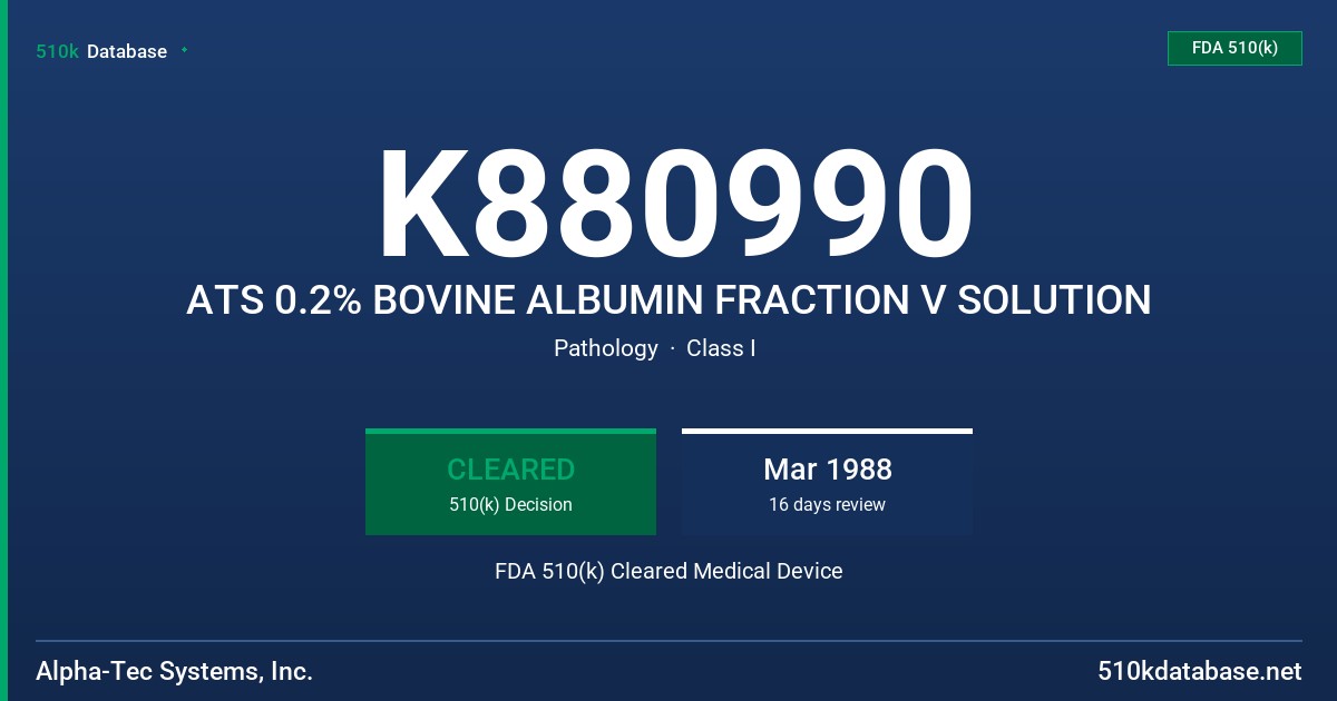 K880990 ATS 0.2% BOVINE ALBUMIN FRACTION V SOLUTION FDA 510(k) Cleared Medical Device