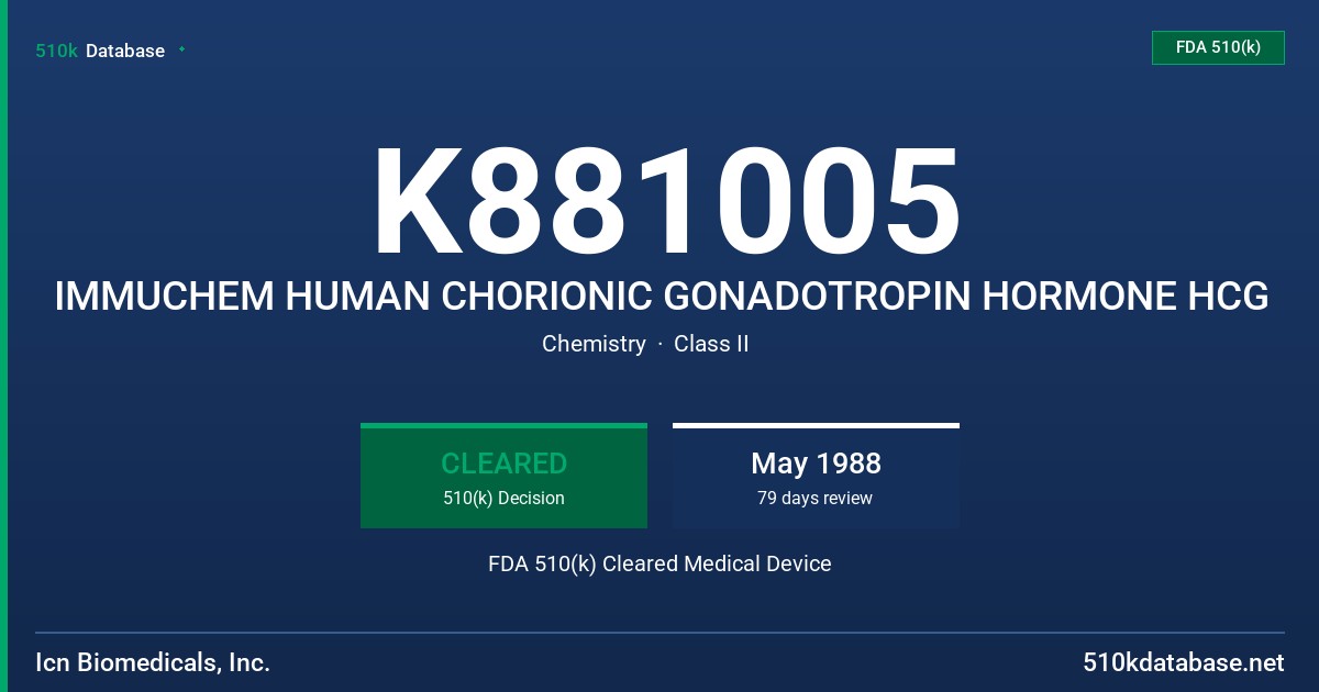K881005 IMMUCHEM HUMAN CHORIONIC GONADOTROPIN HORMONE HCG FDA 510(k) Cleared Medical Device