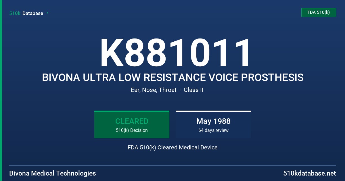 K881011 BIVONA ULTRA LOW RESISTANCE VOICE PROSTHESIS FDA 510(k) Cleared Medical Device