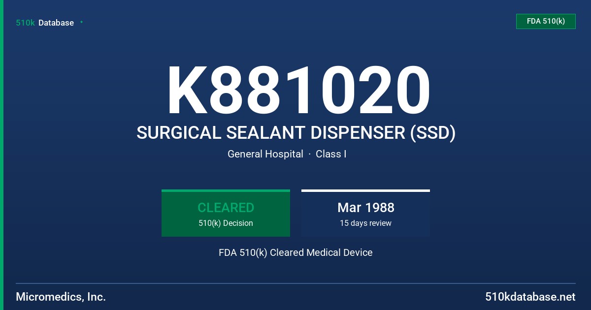K881020 SURGICAL SEALANT DISPENSER (SSD) FDA 510(k) Cleared Medical Device