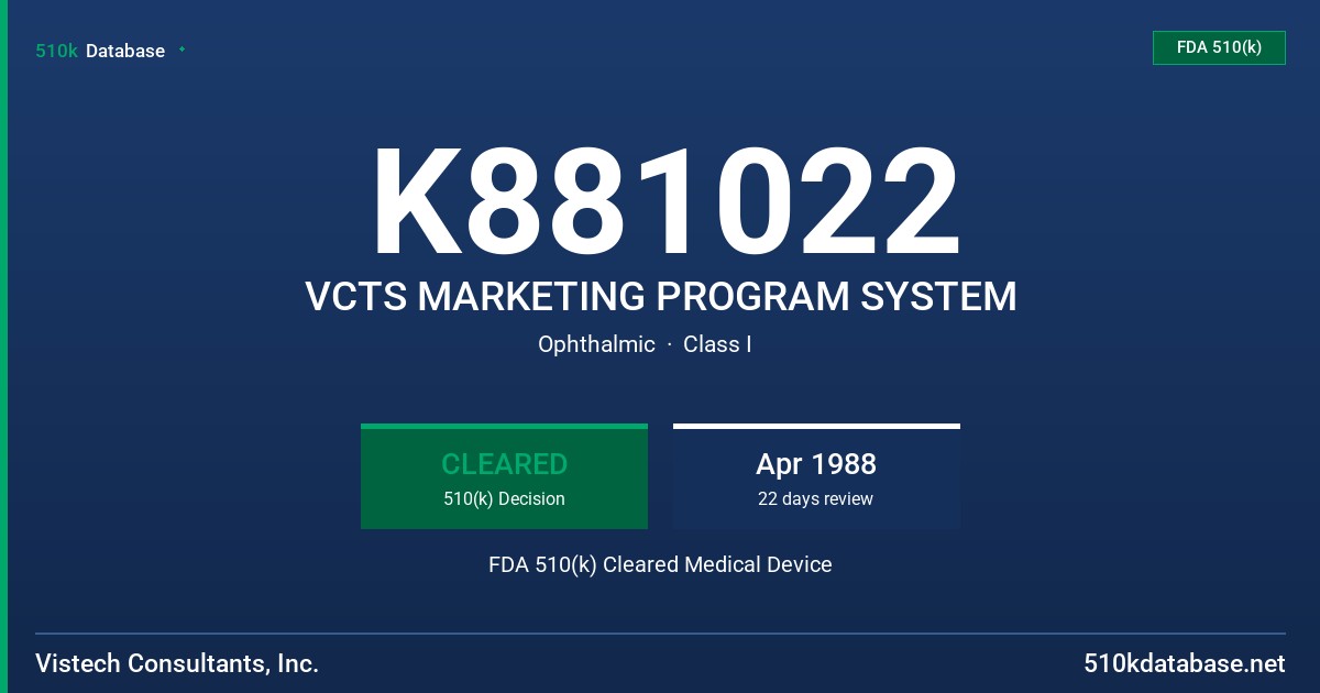 K881022 VCTS MARKETING PROGRAM SYSTEM FDA 510(k) Cleared Medical Device