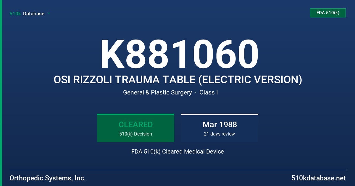 K881060 OSI RIZZOLI TRAUMA TABLE (ELECTRIC VERSION) FDA 510(k) Cleared Medical Device