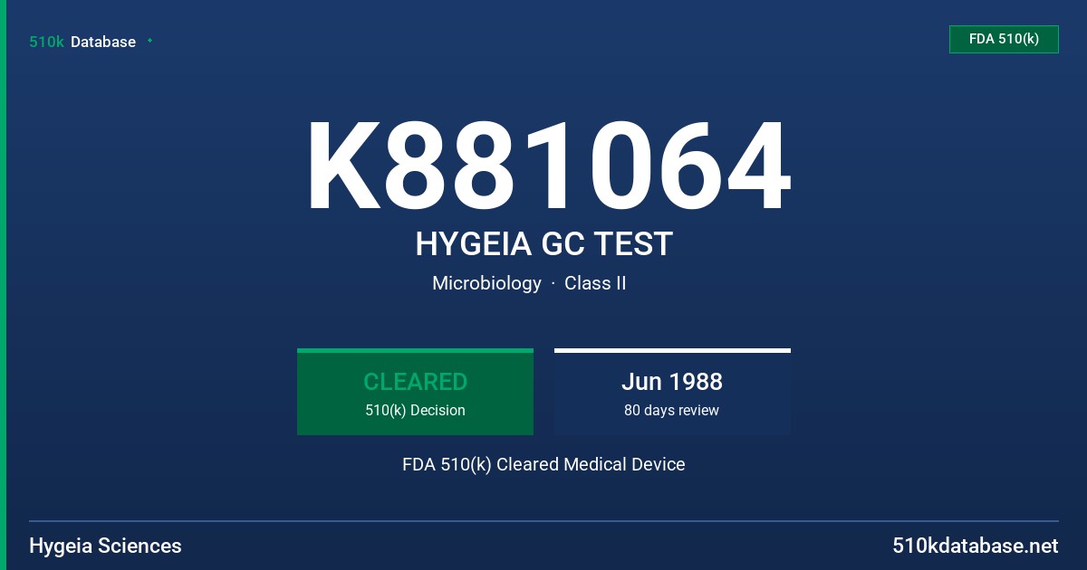 K881064 HYGEIA GC TEST FDA 510(k) Cleared Medical Device