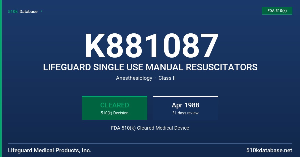 K881087 LIFEGUARD SINGLE USE MANUAL RESUSCITATORS FDA 510(k) Cleared Medical Device