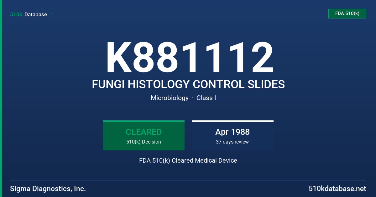 K881112 FUNGI HISTOLOGY CONTROL SLIDES FDA 510(k) Cleared Medical Device