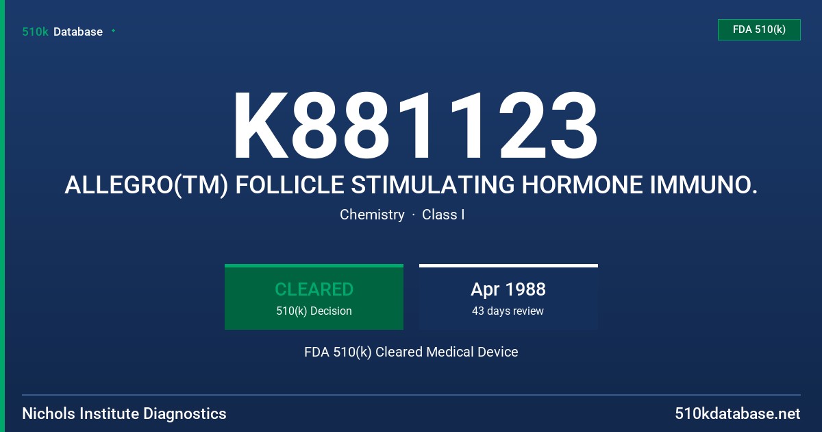 K881123 ALLEGRO(TM) FOLLICLE STIMULATING HORMONE IMMUNO. FDA 510(k) Cleared Medical Device