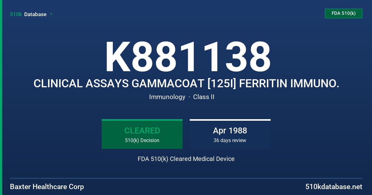 K881138 CLINICAL ASSAYS GAMMACOAT [125I] FERRITIN IMMUNO. FDA 510(k) Cleared Medical Device
