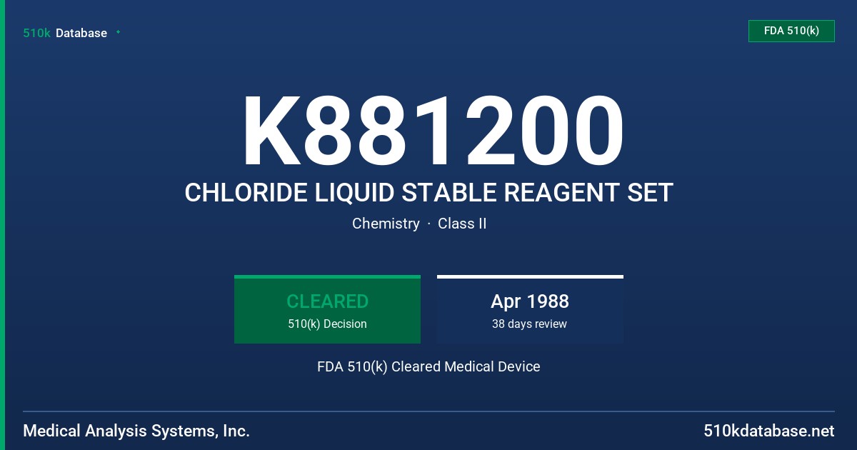 K881200 CHLORIDE LIQUID STABLE REAGENT SET FDA 510(k) Cleared Medical Device