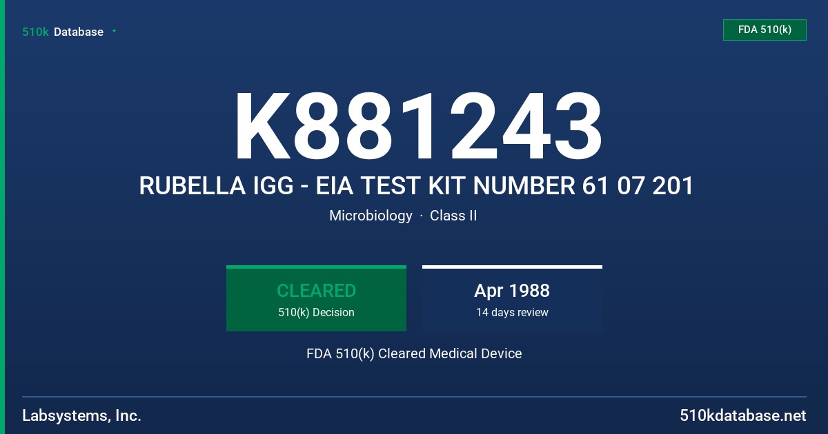 K881243 RUBELLA IGG - EIA TEST KIT NUMBER 61 07 201 FDA 510(k) Cleared Medical Device
