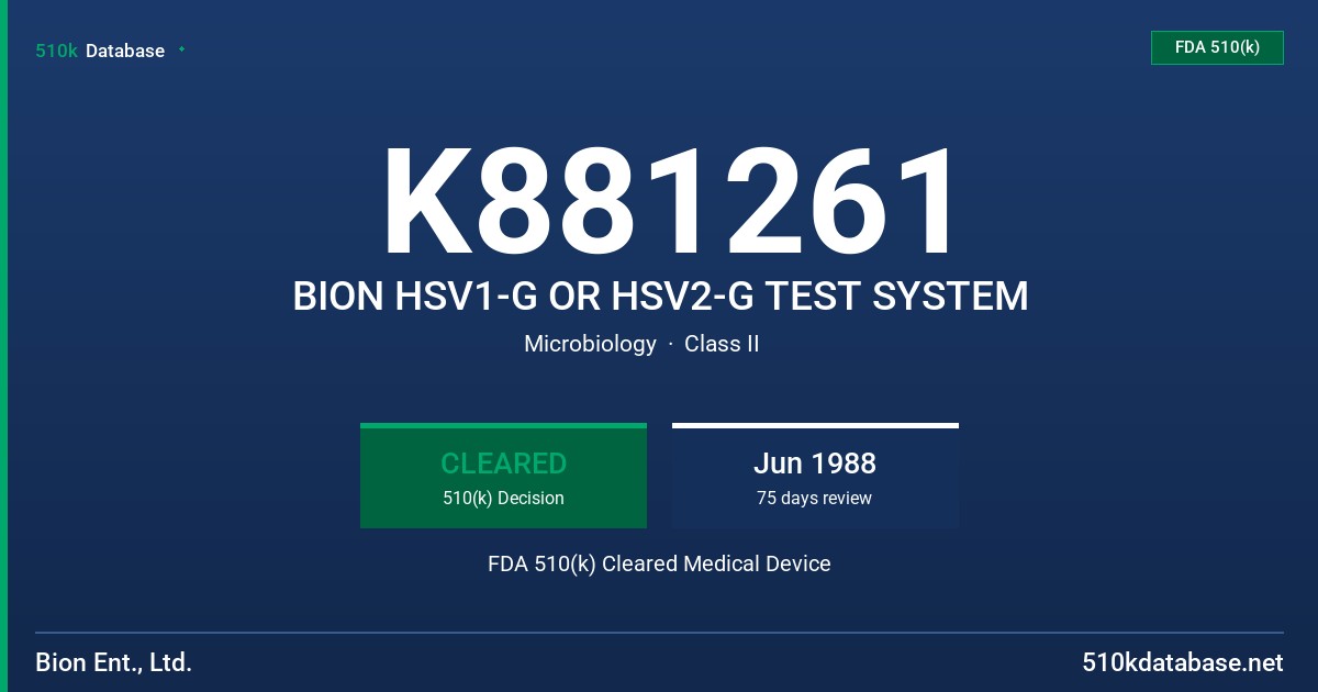 K881261 BION HSV1-G OR HSV2-G TEST SYSTEM FDA 510(k) Cleared Medical Device